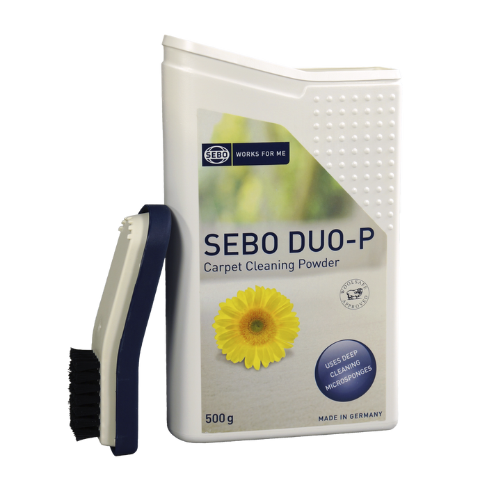 Sebo Duo-P carpet cleaning powder packaging with a brush on a white background. Sebo duo Carpet Cleaner 9401AM Capital Vacuum Raleigh Cary NC