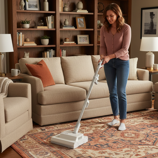 Woman cleaning a rug with a Sebo dry carpet cleaner in a living room. Sebo duo Carpet Cleaner 9401AM Capital Vacuum Raleigh Cary NC