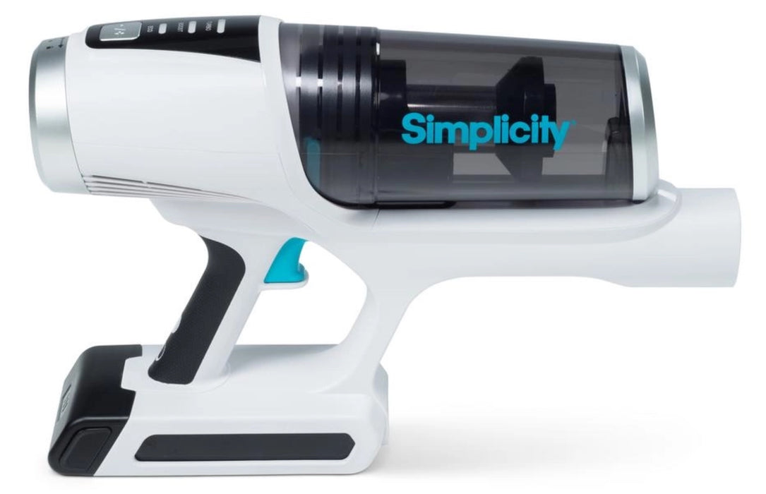 Handheld vacuum cleaner with 'Simplicity' S67 branding on a white background. Simplicity S67 cordless vacuum cleaner on a white background. Capital Vacuum Raleigh Cary NC