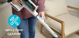 Person using a Simplicity S67 vacuum in a home setting with text 'Above Floor Cleaning'. Simplicity S67 cordless vacuum cleaner. Capital Vacuum Raleigh Cary NC