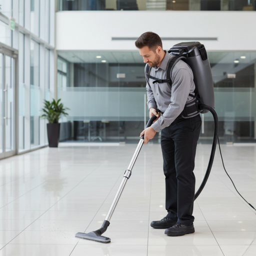 Man using a Titan T750 backpack vacuum cleaner in an office setting