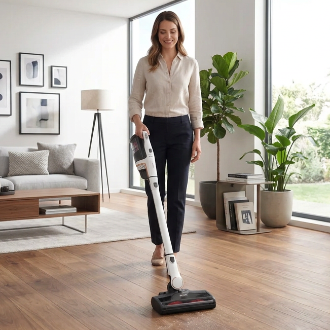 Woman using Miele Triflex HX2 Cordless White SMOLO upright mode in living room square. Capital Vacuum Raleigh Cary NC