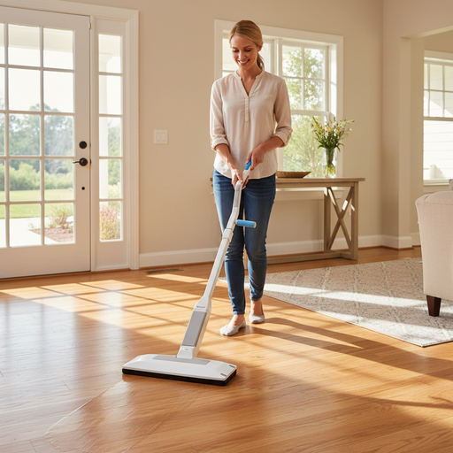 Woman cleaning a wooden floor with a Ymop in a bright room. YMop Cordless Floor Cleaner Twin-Turbo 2 Hour  +  Capital Vacuum  Raleigh Cary NC