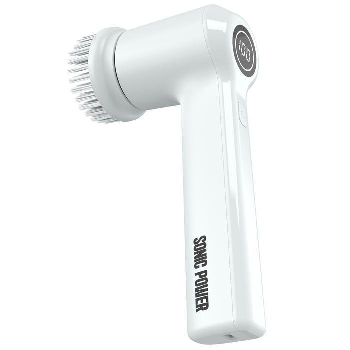 White sonic cleaning brush with bristle head on a white background