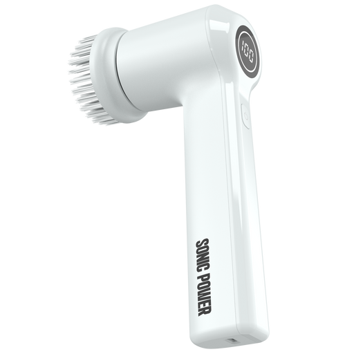 White sonic cleaning brush with bristle head on a white background
