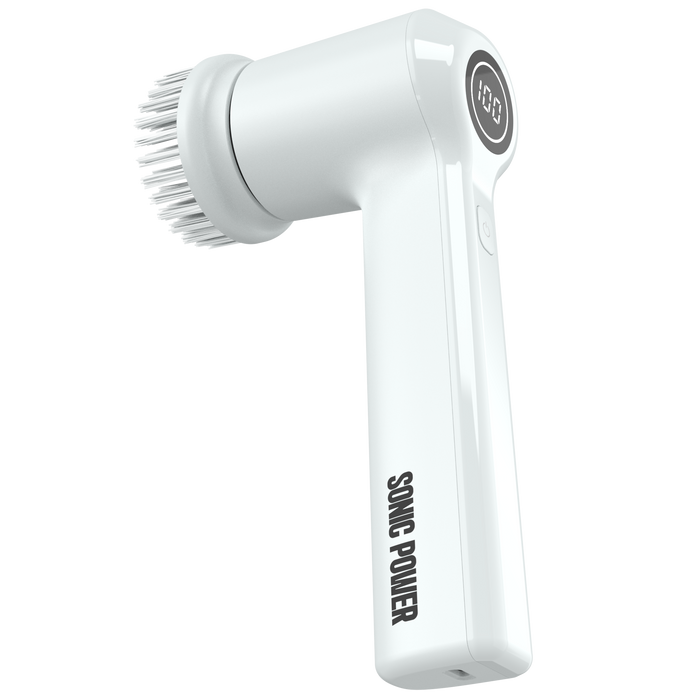 White sonic cleaning brush with bristle head on a white background
