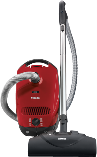 Miele Homecare Classic C1 Canister Vacuum Cleaner in Autumn Red color, equipped with various attachments and a floor cleaning tool. Miele Homecare Classic C1  Canister Vacuum Cleaner Capital Vacuum Raleigh Cary NC